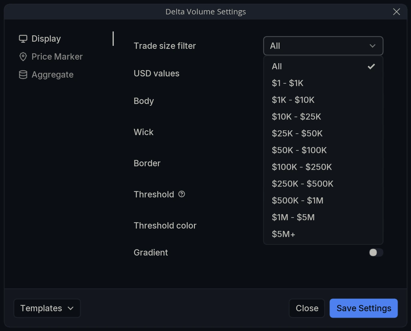 Delta Volume Trade Size Filter