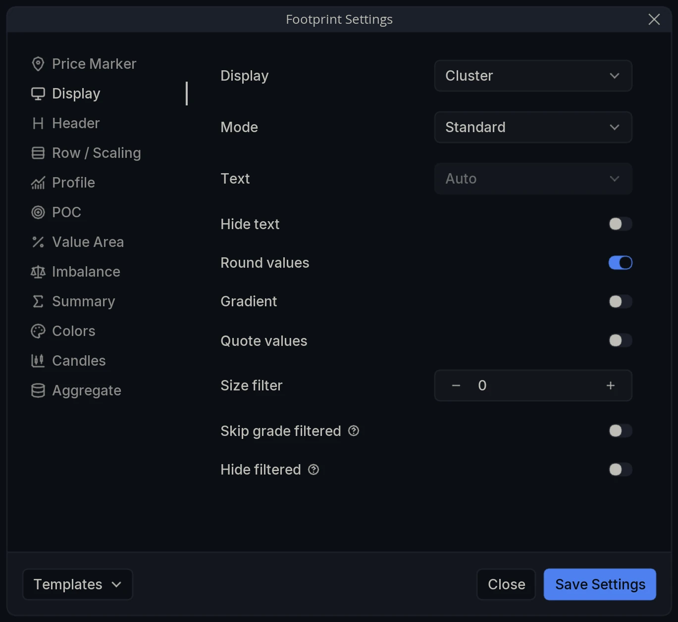 Footprint Settings Display