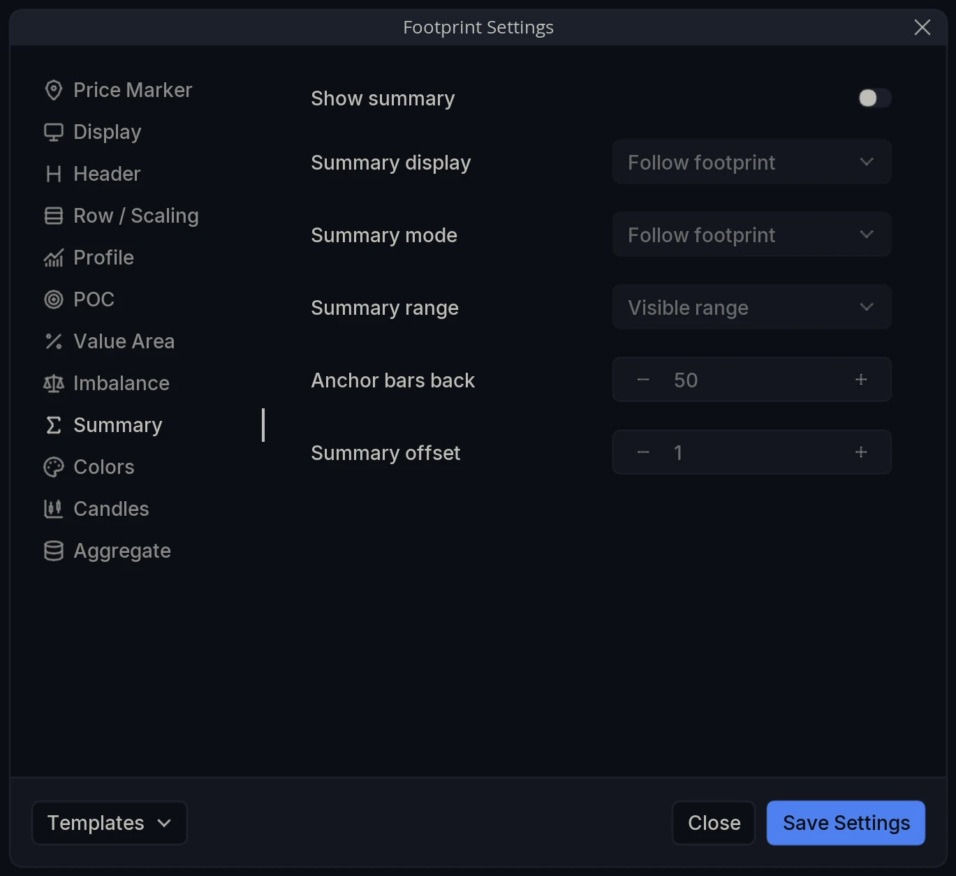 Footprint Settings Summary