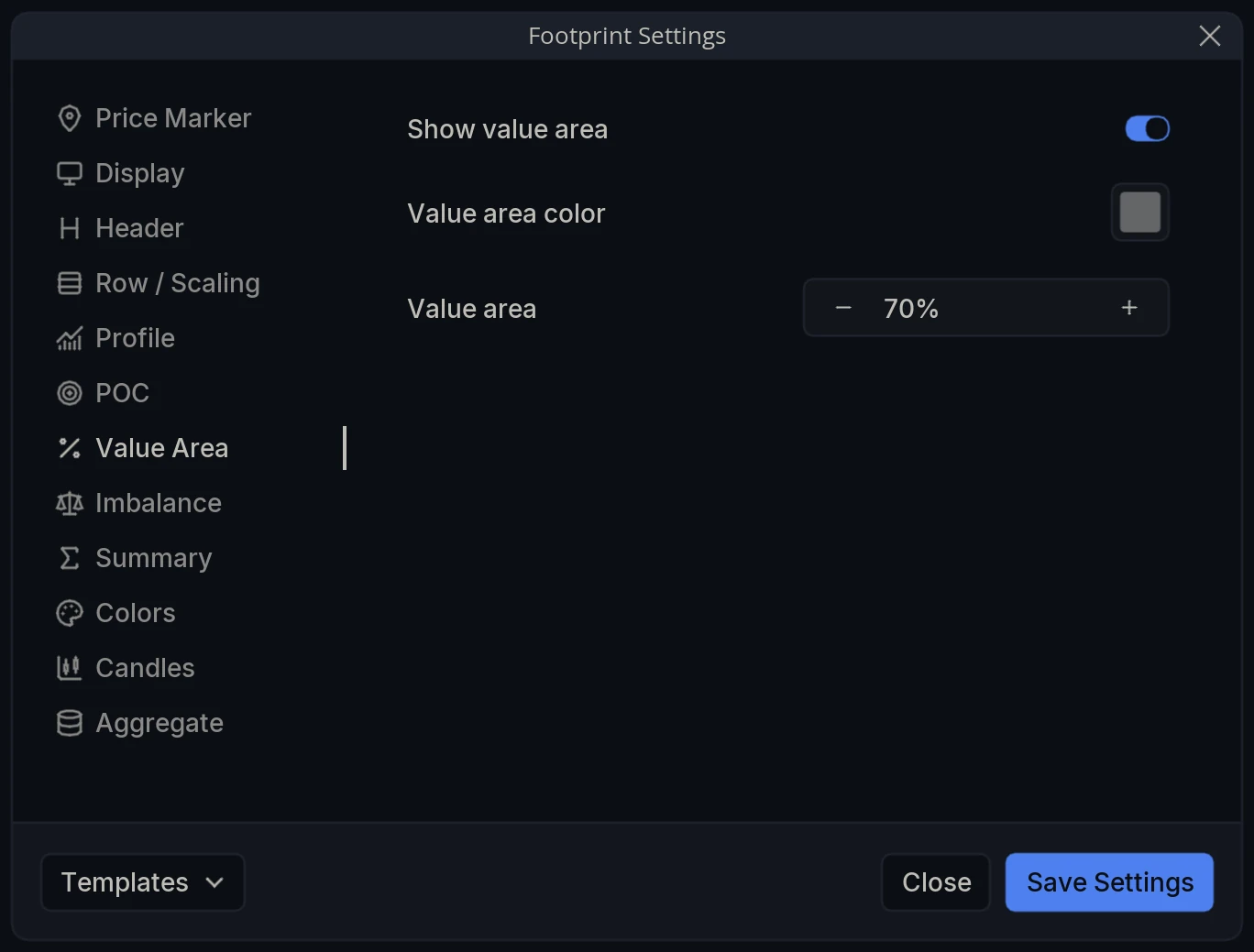 Footprint Settings Value Area