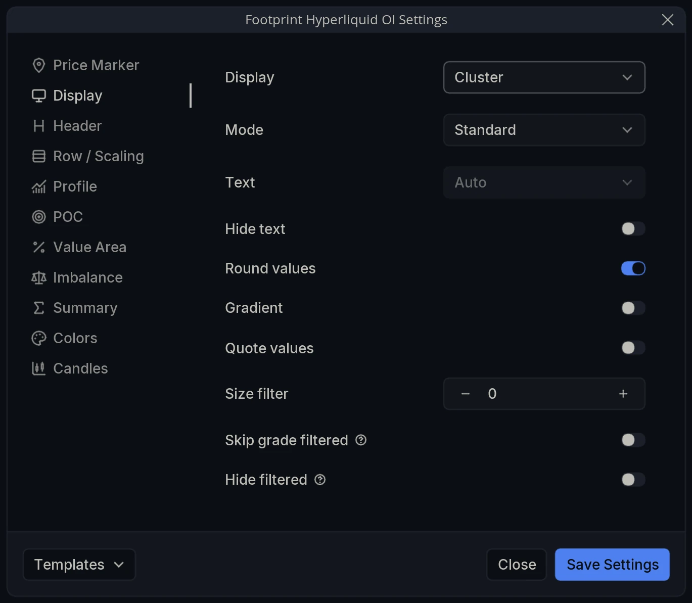 Hyperliquid Footprint Settings Display