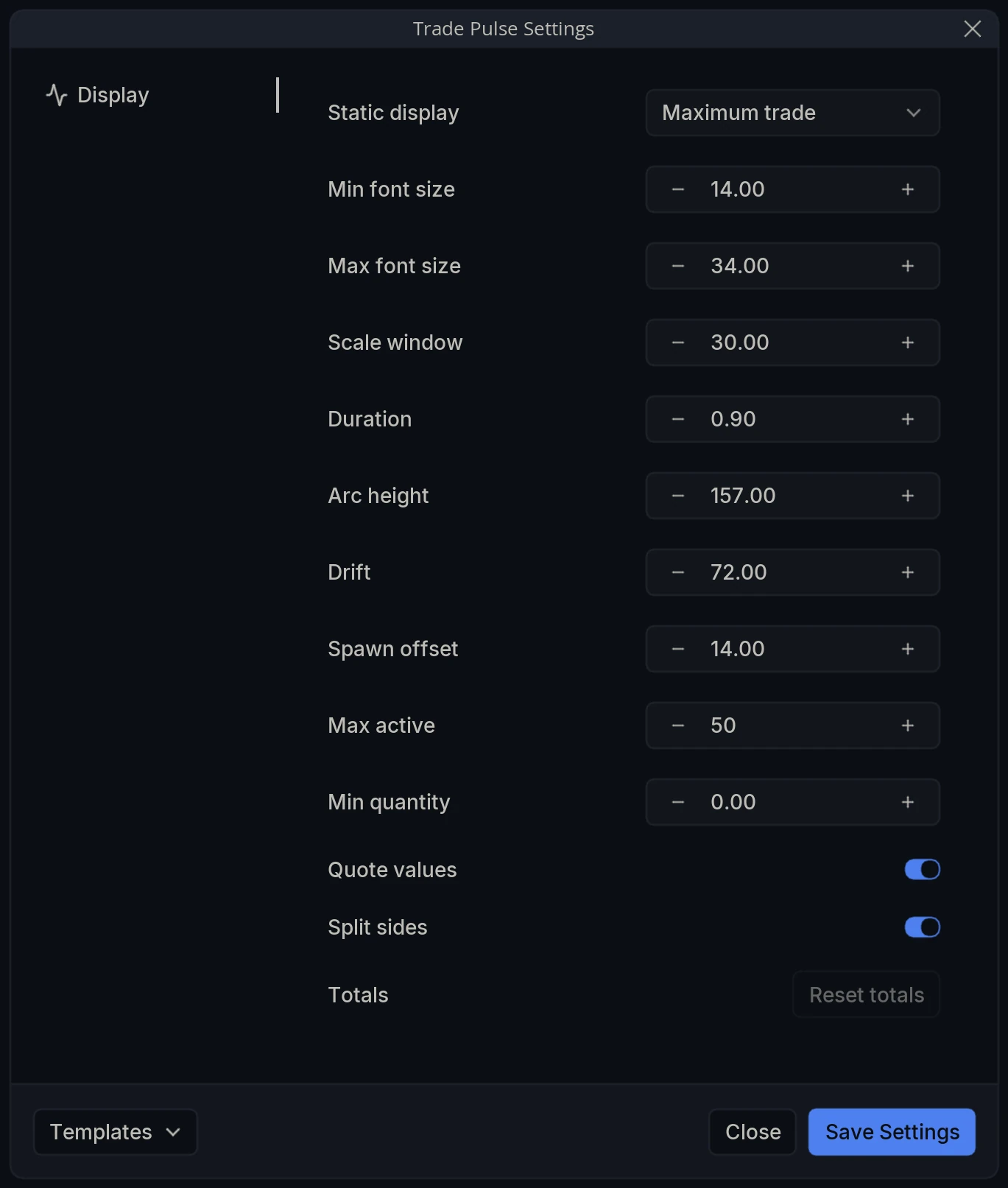 Trade Pulse Settings Display