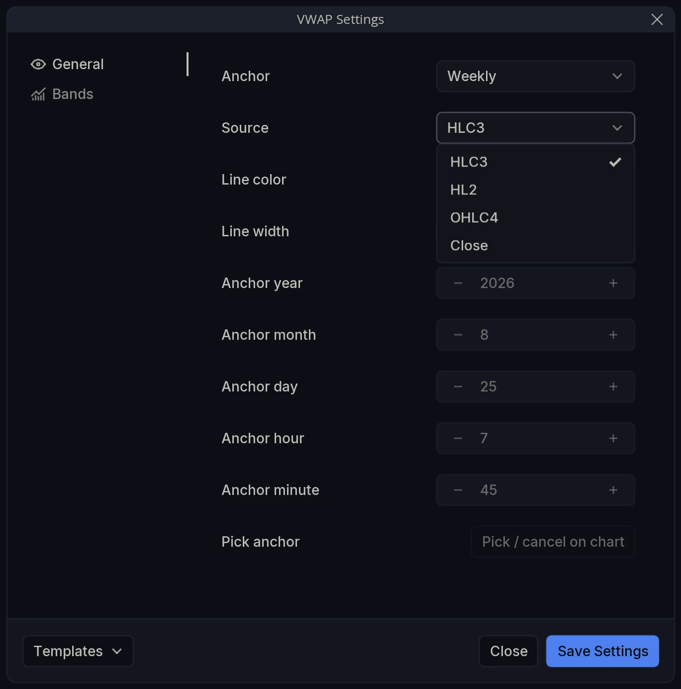VWAP Source Menu