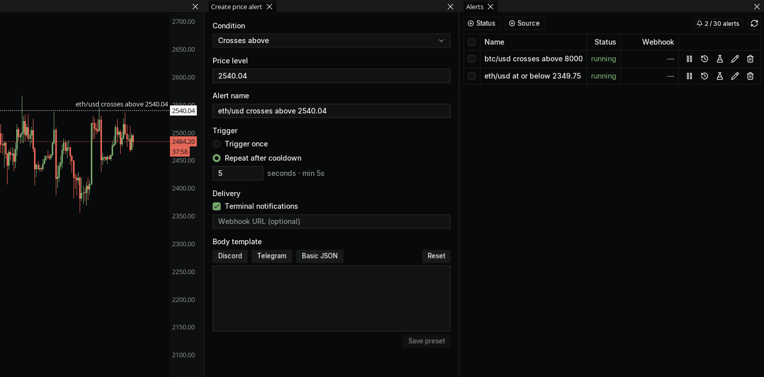 Alerts in the MMT terminal